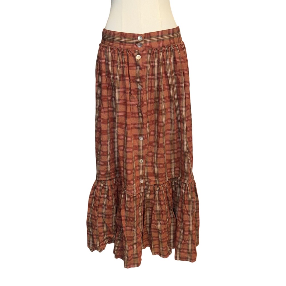 Brown Plaid Cottagecore Maxi Skirt Boho Grunge Prairie Tiered Button Front 14